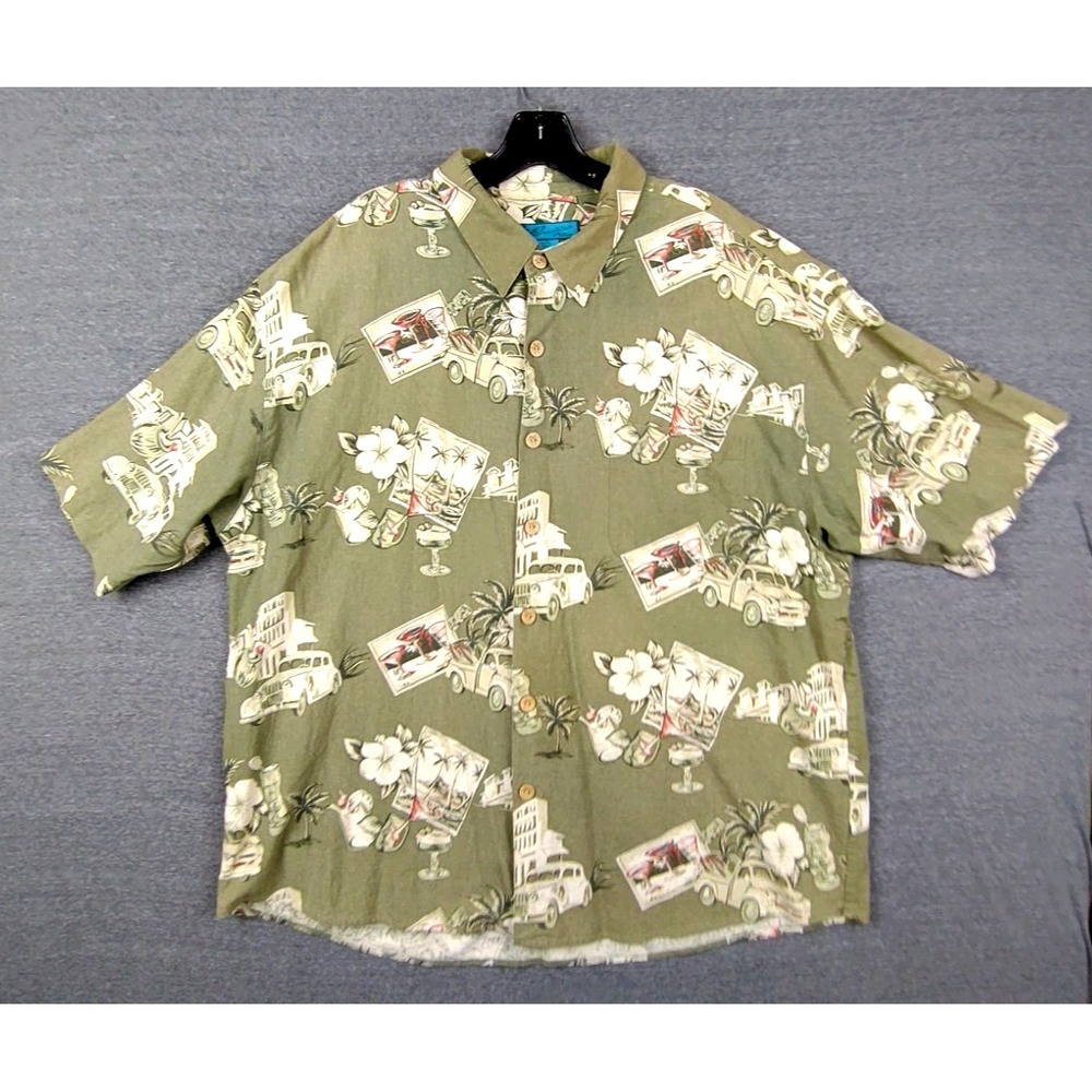 Paradise Blue Mens Shirt 2XL Green Silk AOP VTG Car Cabana Resort Retro Grandpa